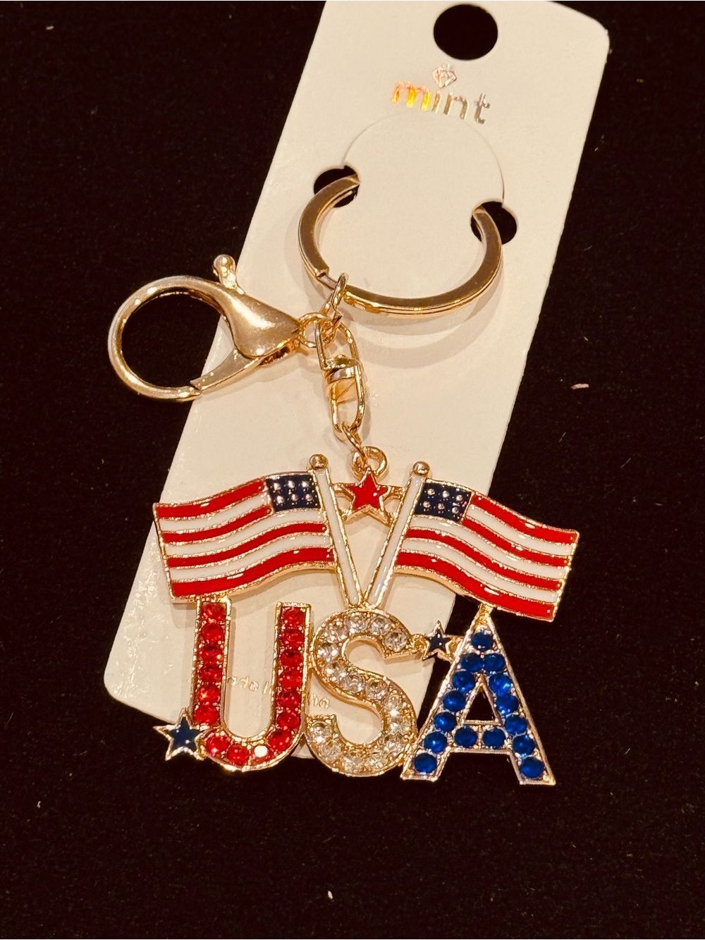 USA Crystal Flag Keychain Bag Charm Patriotic July 4th America 250 Bicentennial